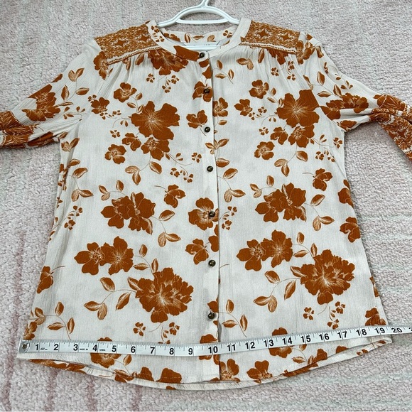 Garnet Hill Orange Cream Floral Button Up Blouse Size Small Fall Autumn - Picture 8 of 13